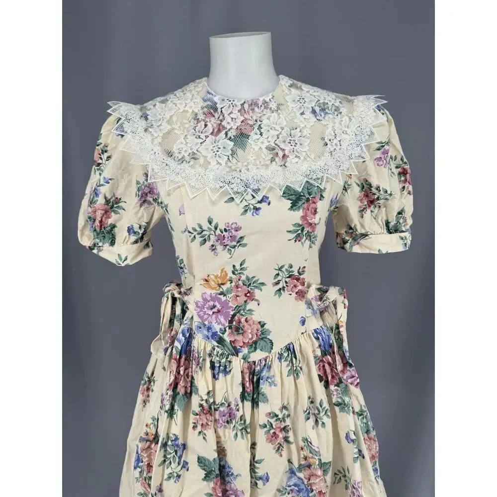 Vintage Jessica McClintock Gunne Sax Dress Girls 14 Floral Lace Prairie Boho